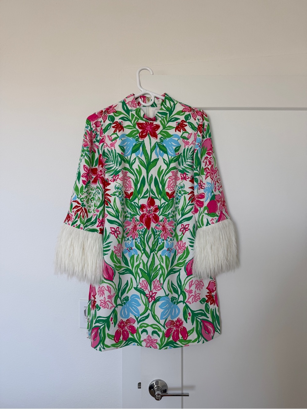 Lilly Pulitzer Floral Long-Sleeve Dress with White Faux-Fur Cuffs